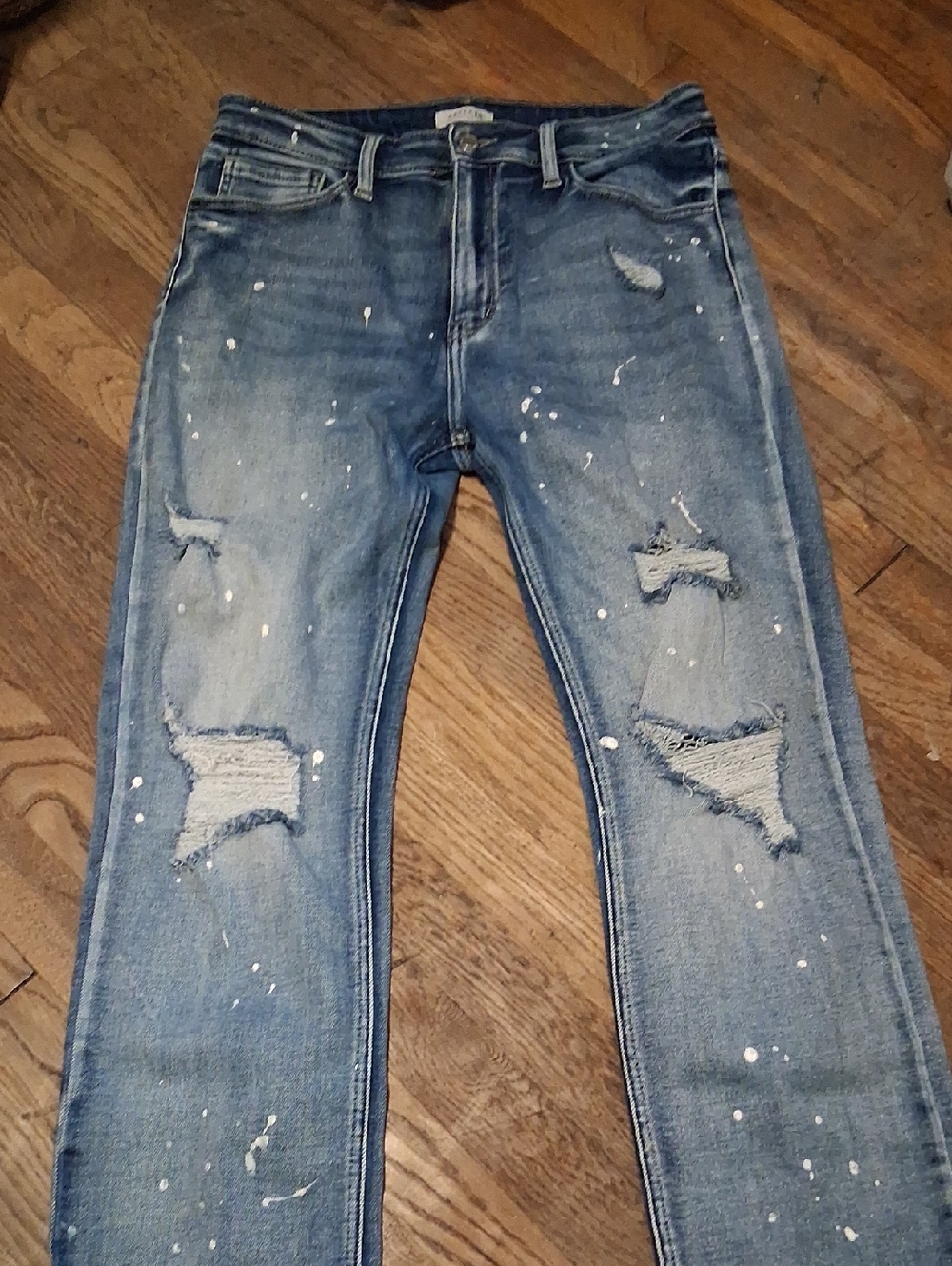 Artemis Design Co. Distressed Blue Straight-Leg Jeans with White Paint Splatter
